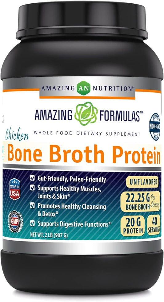 Premium Chicken Bone Broth Protein Powder Supplement | Unflavored | Non-GMO | Gluten Free | Made in USA | 2 Lb