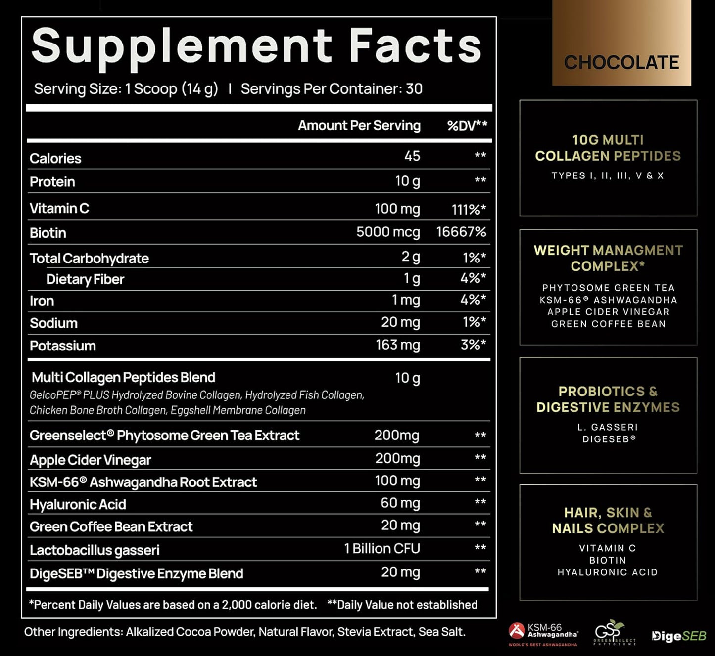 Premium Chocolate Collagen Powder with Probiotics, ACV, KSM66, Hyaluronic Acid, Biotin - Women's Weight Loss & Beauty Supplement