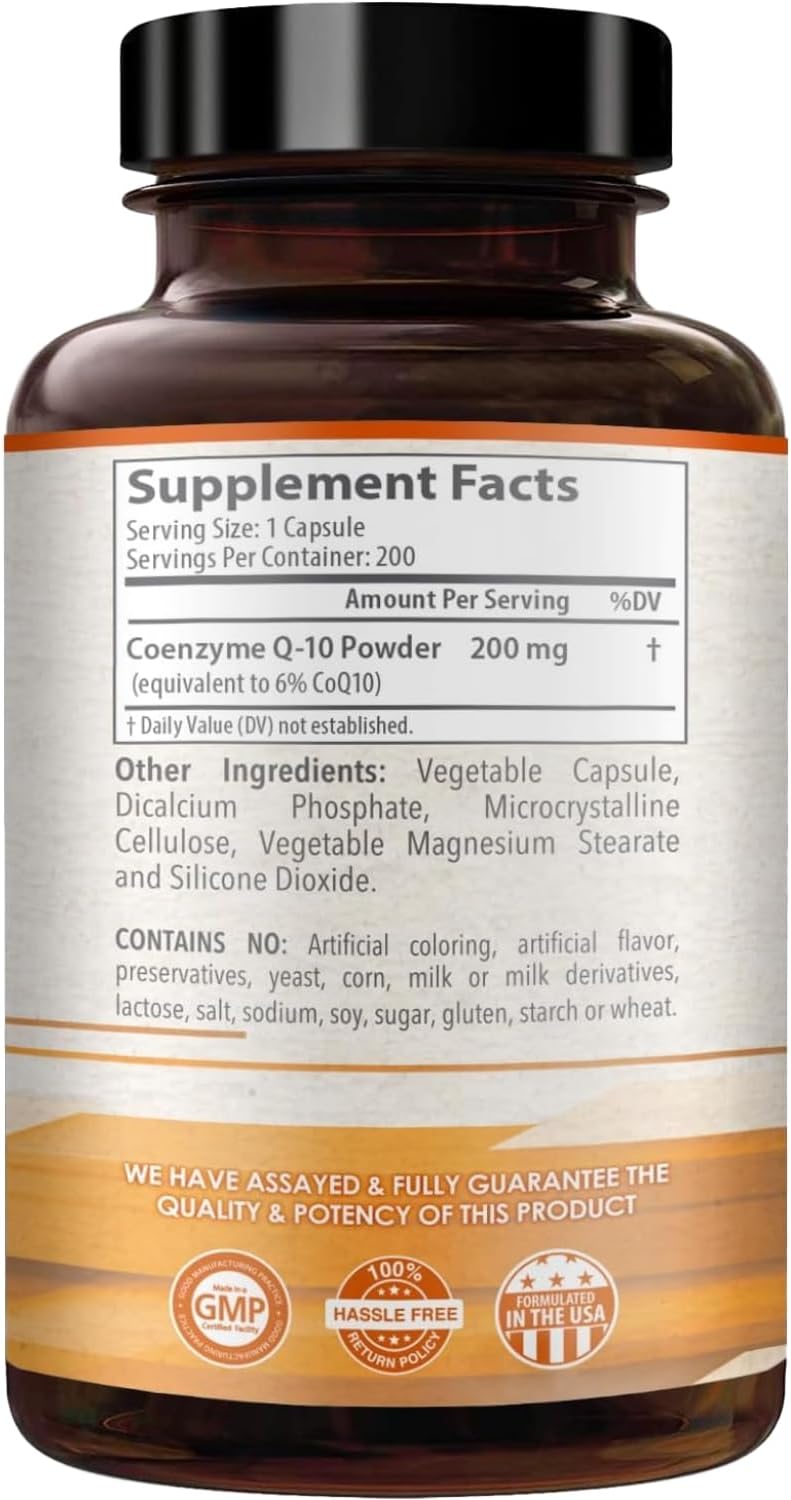 Premium Coenzyme Q10 200mg Capsules for Heart Health & Energy Support - Non-GMO Ubiquinone CoQ10 Supplement - 200 Count Pack for Daily Antioxidant Boost & Quick Absorption Formula