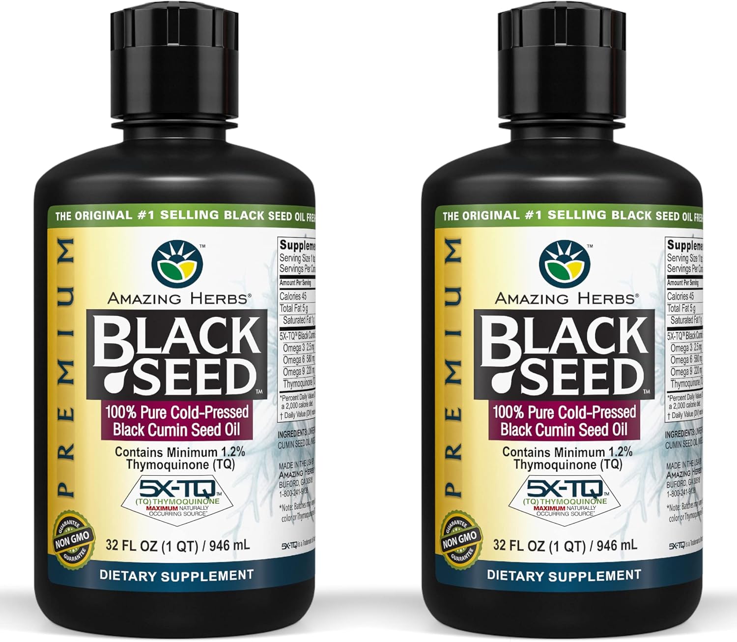 Premium Cold Pressed Black Seed Oil - 32 Fl Oz (Pack of 2) for Digestive Health, Immune Support, Brain Function, Joint Mobility - Gluten Free, Non GMO - Nigella Sativa Extract