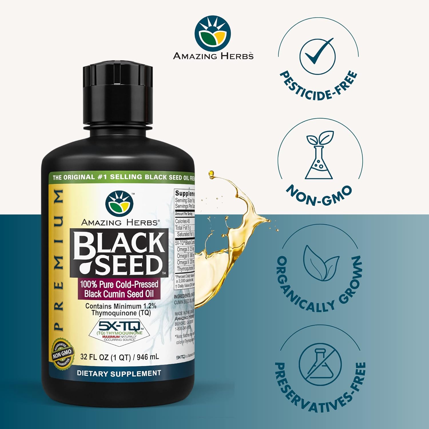 Premium Cold Pressed Black Seed Oil - 32 Fl Oz (Pack of 2) for Digestive Health, Immune Support, Brain Function, Joint Mobility - Gluten Free, Non GMO - Nigella Sativa Extract