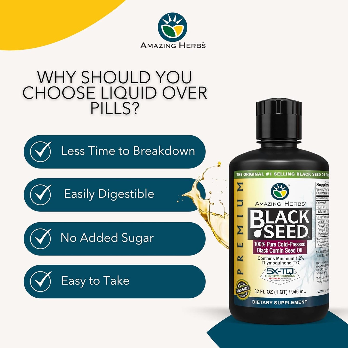 Premium Cold Pressed Black Seed Oil - 32 Fl Oz (Pack of 2) for Digestive Health, Immune Support, Brain Function, Joint Mobility - Gluten Free, Non GMO - Nigella Sativa Extract
