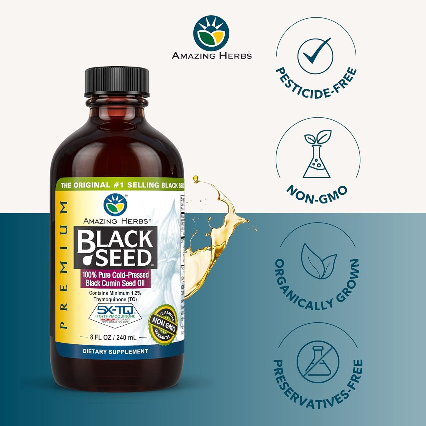 Premium Cold Pressed Black Seed Oil - Gluten Free, Non GMO, 8 Fl Oz - Supports Digestive Health, Immune System, Brain Function - Nigella Sativa