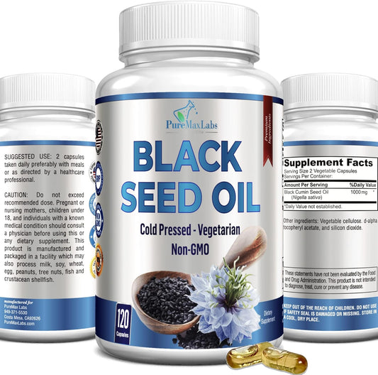 Premium Cold Pressed Black Seed Oil Capsules - 120 Count, Pure Nigella Sativa with Vitamin E for Hair, Skin, Immune Health - Non-GMO Formula