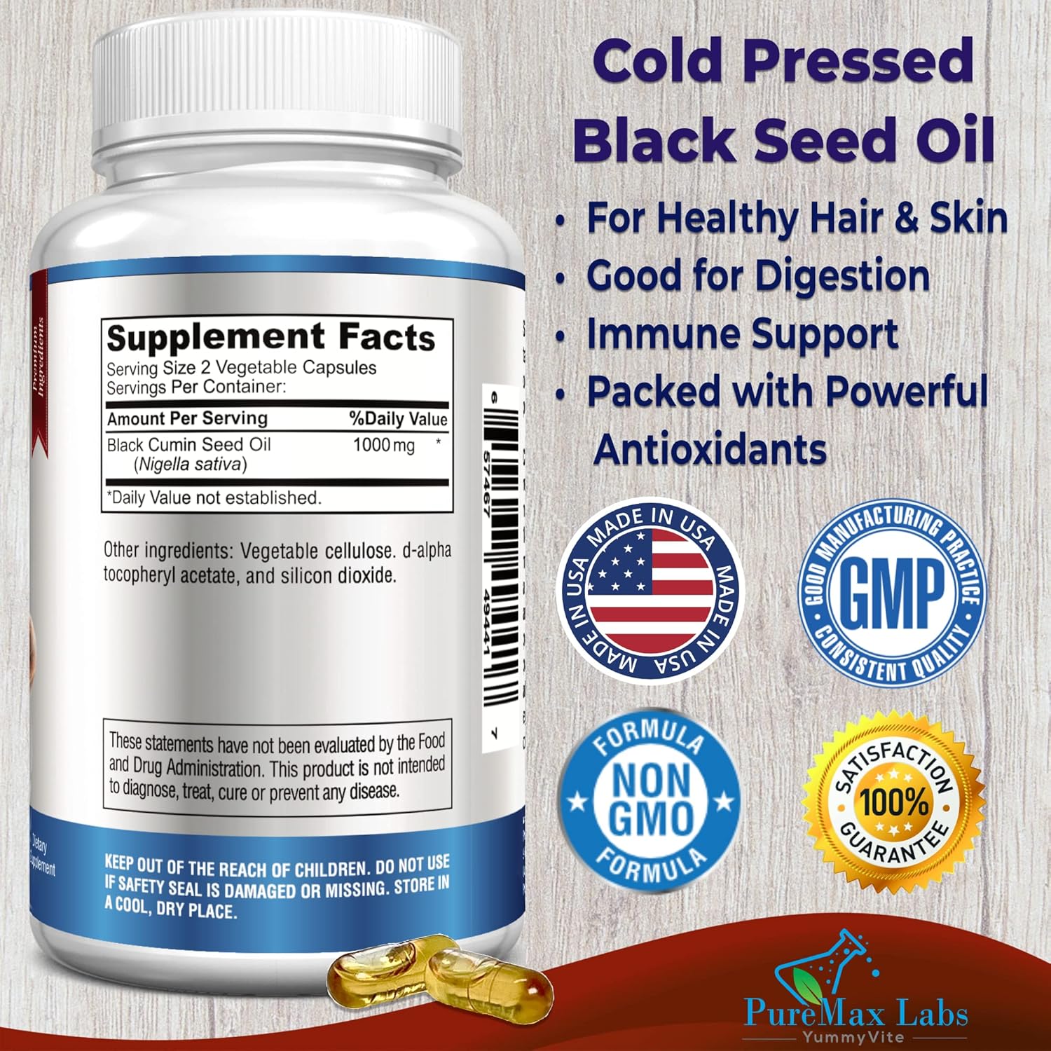 Premium Cold Pressed Black Seed Oil Capsules - 120 Count, Pure Nigella Sativa with Vitamin E for Hair, Skin, Immune Health - Non-GMO Formula