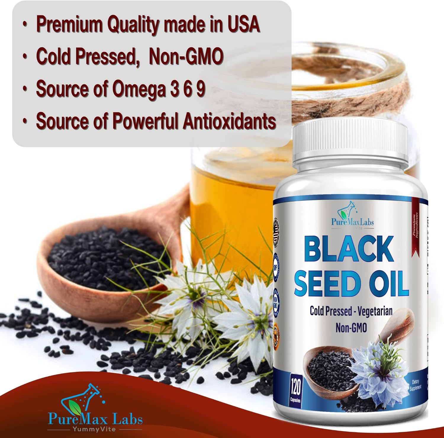 Premium Cold Pressed Black Seed Oil Capsules - 120 Count, Pure Nigella Sativa with Vitamin E for Hair, Skin, Immune Health - Non-GMO Formula