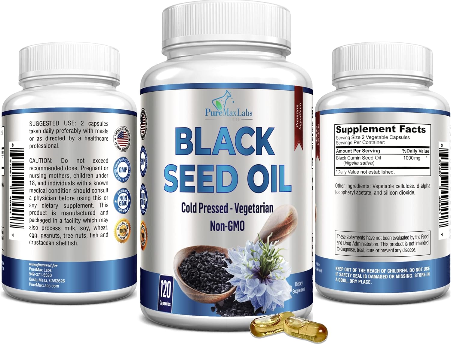 Premium Cold Pressed Black Seed Oil Capsules - 120 Count, Pure Nigella Sativa with Vitamin E for Hair, Skin, Immune Health - Non-GMO Formula