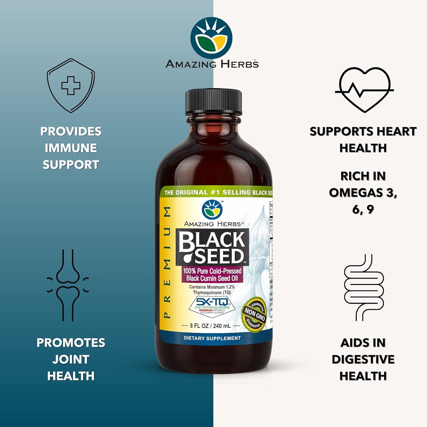 Premium Cold Pressed Black Seed Oil for Digestive Health, Immune Support, and Brain Function - 8 Fl Oz - Gluten Free & Non GMO - Nigella Sativa