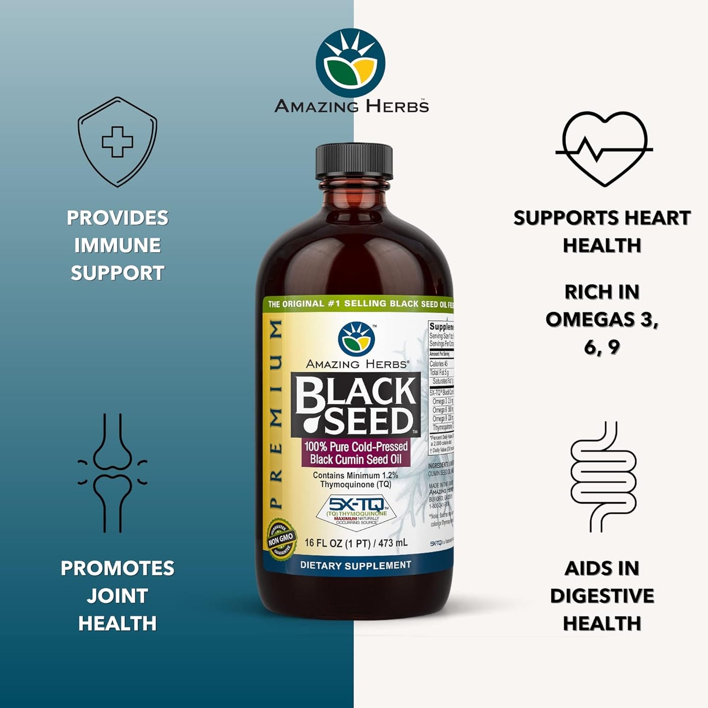 Premium Cold Pressed Black Seed Oil for Digestive Health, Immune Support, and Joint Mobility - 16 Fl Oz - Gluten Free & Non GMO