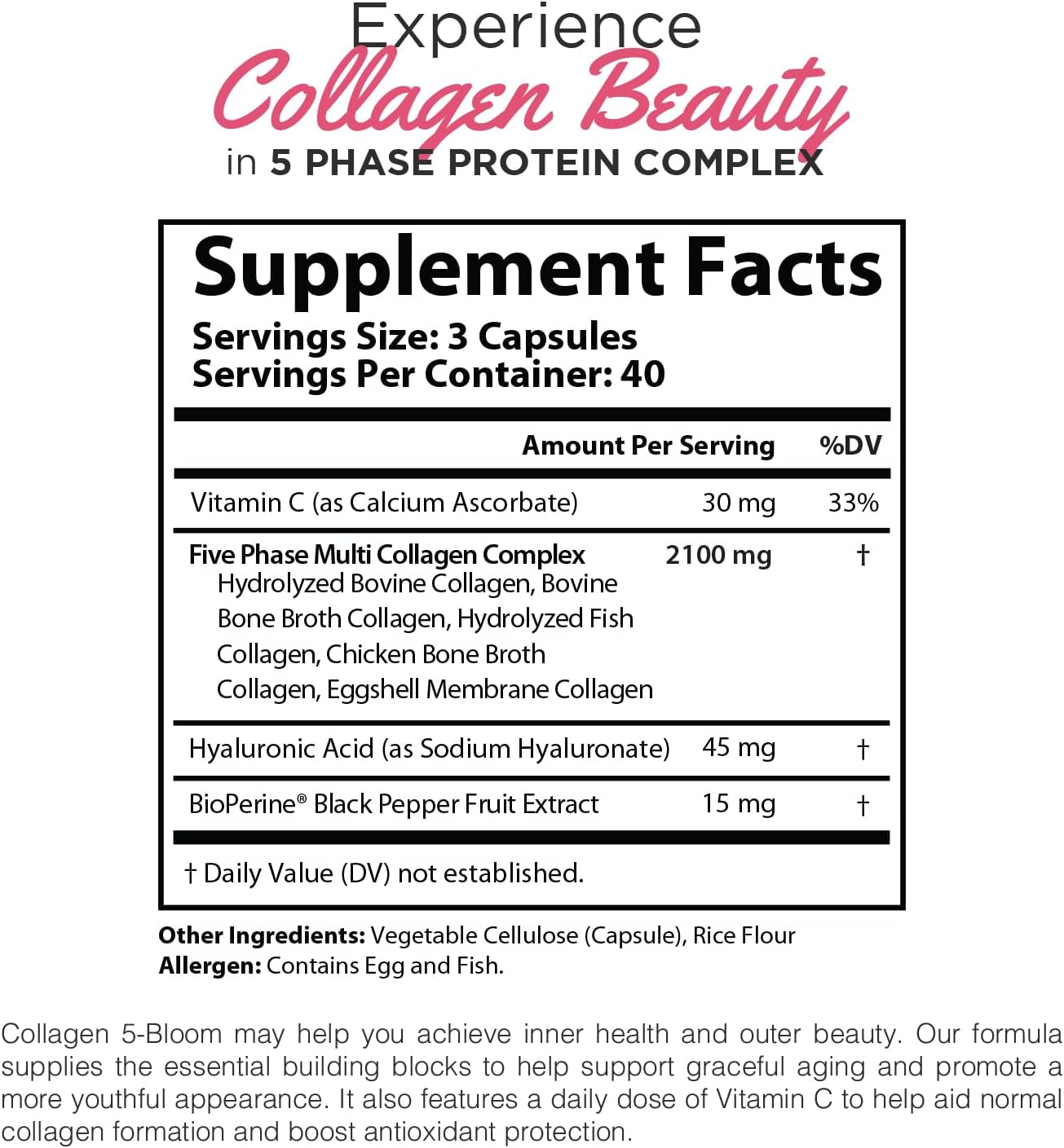 Premium Collagen Pills for Women - 120 Capsules, 2100mg Hydrolyzed Collagen, Grass Fed Supplements with Hyaluronic Acid, Vitamin C, Bioperine - Anti-Aging Support for Skin and Hair