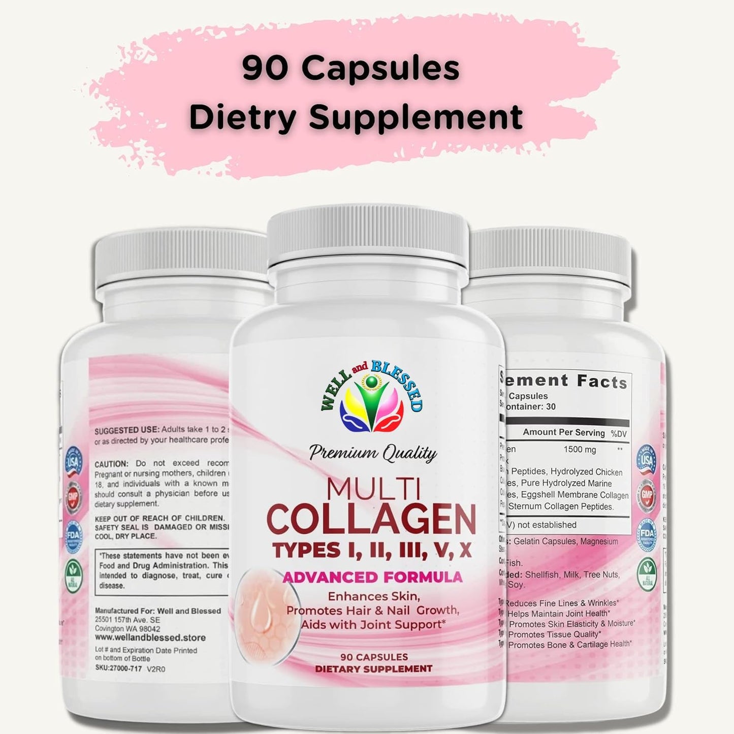 Premium Collagen Supplements for Women with Vitamin C, E - Tighten Skin, Reduce Wrinkles, Strong Nails, Joints & Hair Growth - Anti Aging Skin Care - 90 Capsules