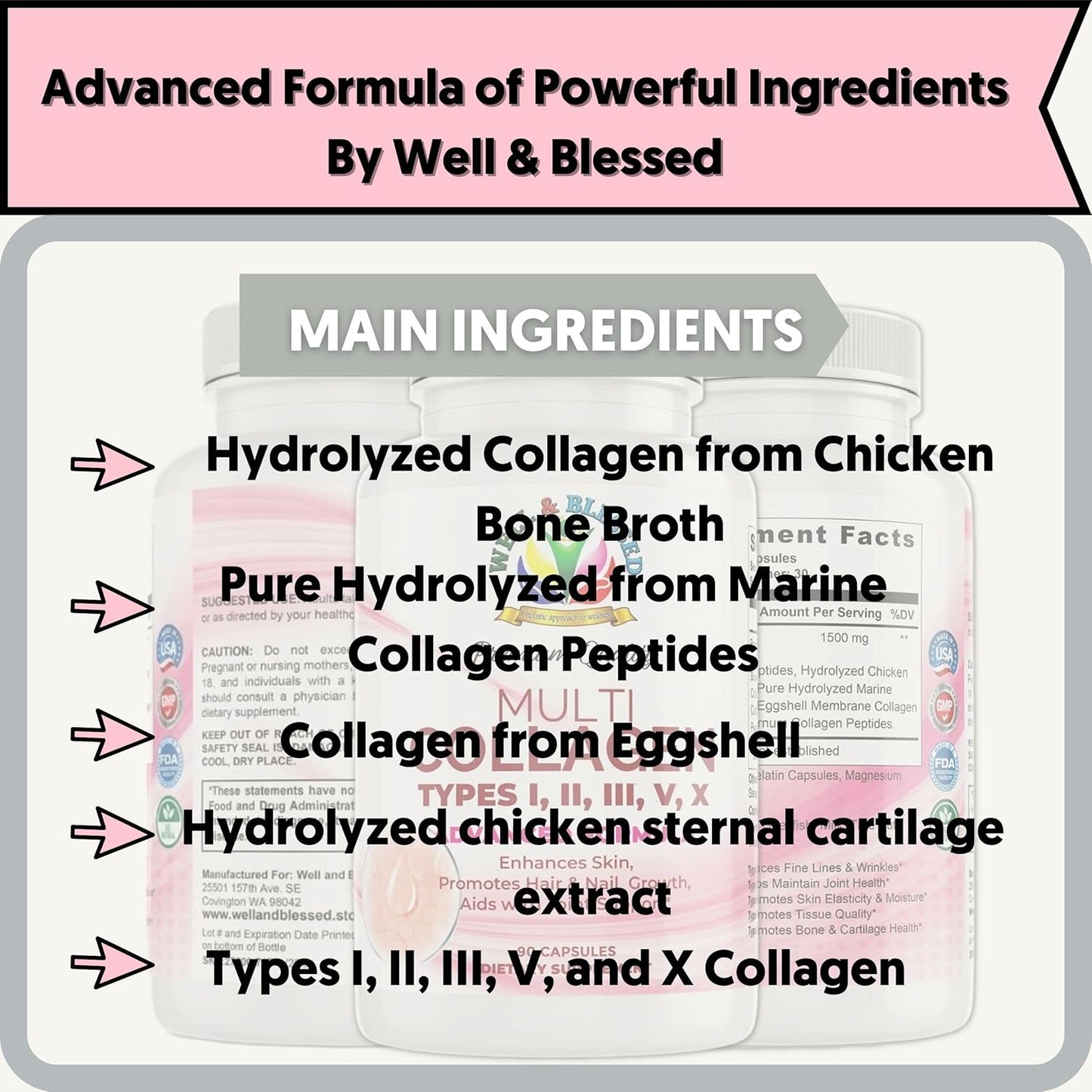 Premium Collagen Supplements for Women with Vitamin C, E - Tighten Skin, Reduce Wrinkles, Strong Nails, Joints & Hair Growth - Anti Aging Skin Care - 90 Capsules