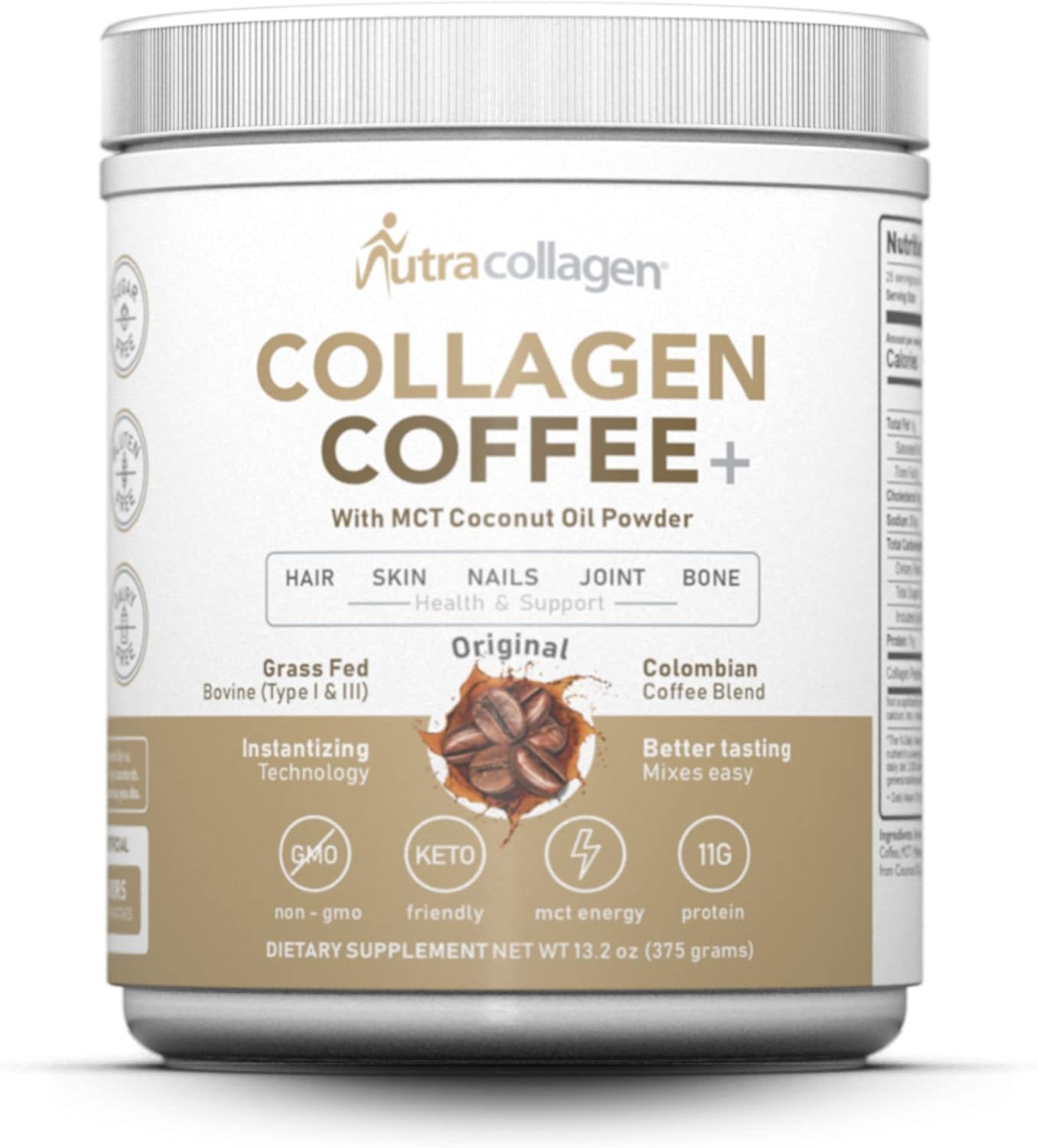 Premium Colombian Coffee Infused Nutracollagen Peptide Protein Powder with MCT Coconut Oil - Keto Friendly, Grass-Fed, Soy and Gluten Free