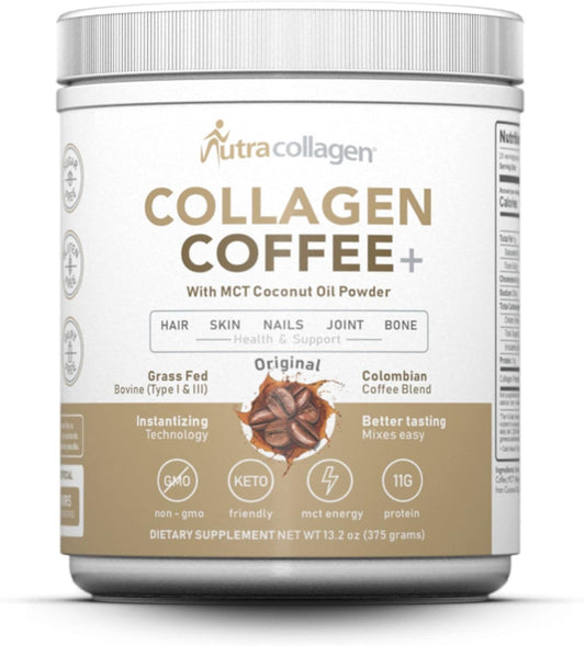 Premium Colombian Coffee Infused Nutracollagen Peptide Protein Powder with MCT Coconut Oil - Keto Friendly, Grass-Fed, Soy and Gluten Free