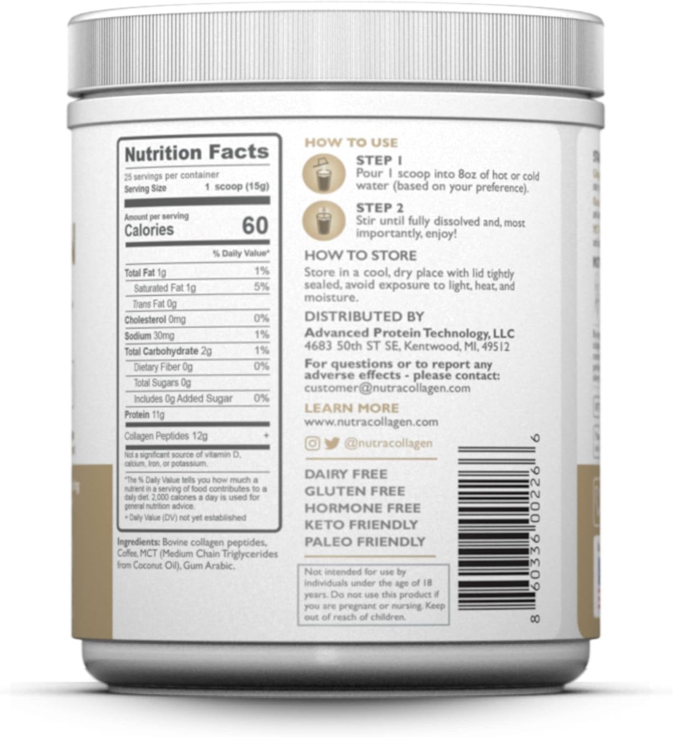 Premium Colombian Coffee Infused Nutracollagen Peptide Protein Powder with MCT Coconut Oil - Keto Friendly, Grass-Fed, Soy and Gluten Free