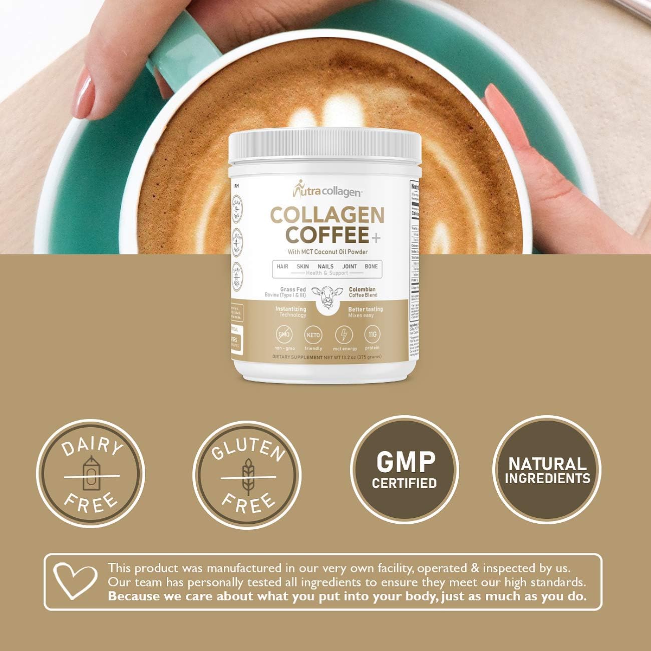 Premium Colombian Coffee Infused Nutracollagen Peptide Protein Powder with MCT Coconut Oil - Keto Friendly, Grass-Fed, Soy and Gluten Free