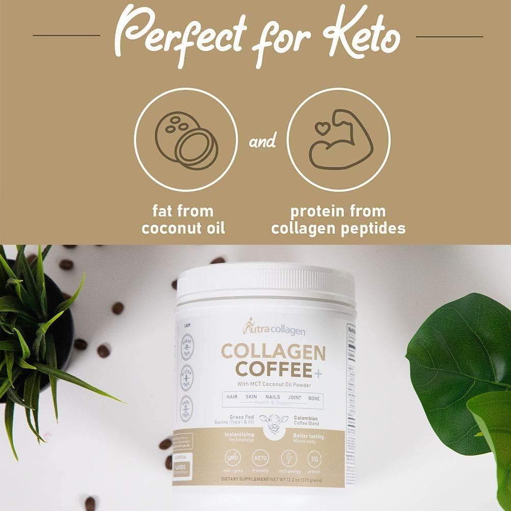 Premium Colombian Coffee Infused Nutracollagen Peptide Protein Powder with MCT Coconut Oil - Keto Friendly, Grass-Fed, Soy and Gluten Free