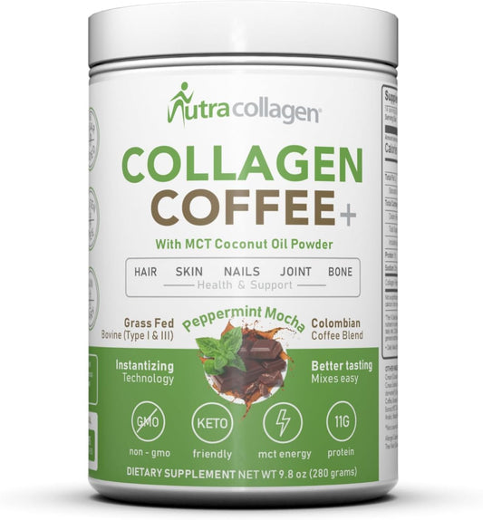 Premium Colombian Coffee NutraCollagen Peptide Powder with MCT Coconut Oil - Keto Friendly, Grass-Fed, Soy/Gluten/Sugar Free - Peppermint Mocha Flavor, 40mg Caffeine per Serving - 14 Servings