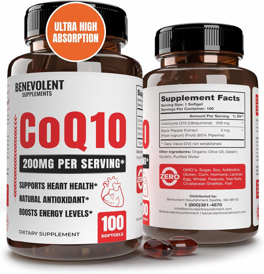 Premium CoQ10 200mg Softgels for Heart Health & Energy - Antioxidant Formula with Enhanced Absorption - Non-GMO - 100 Count