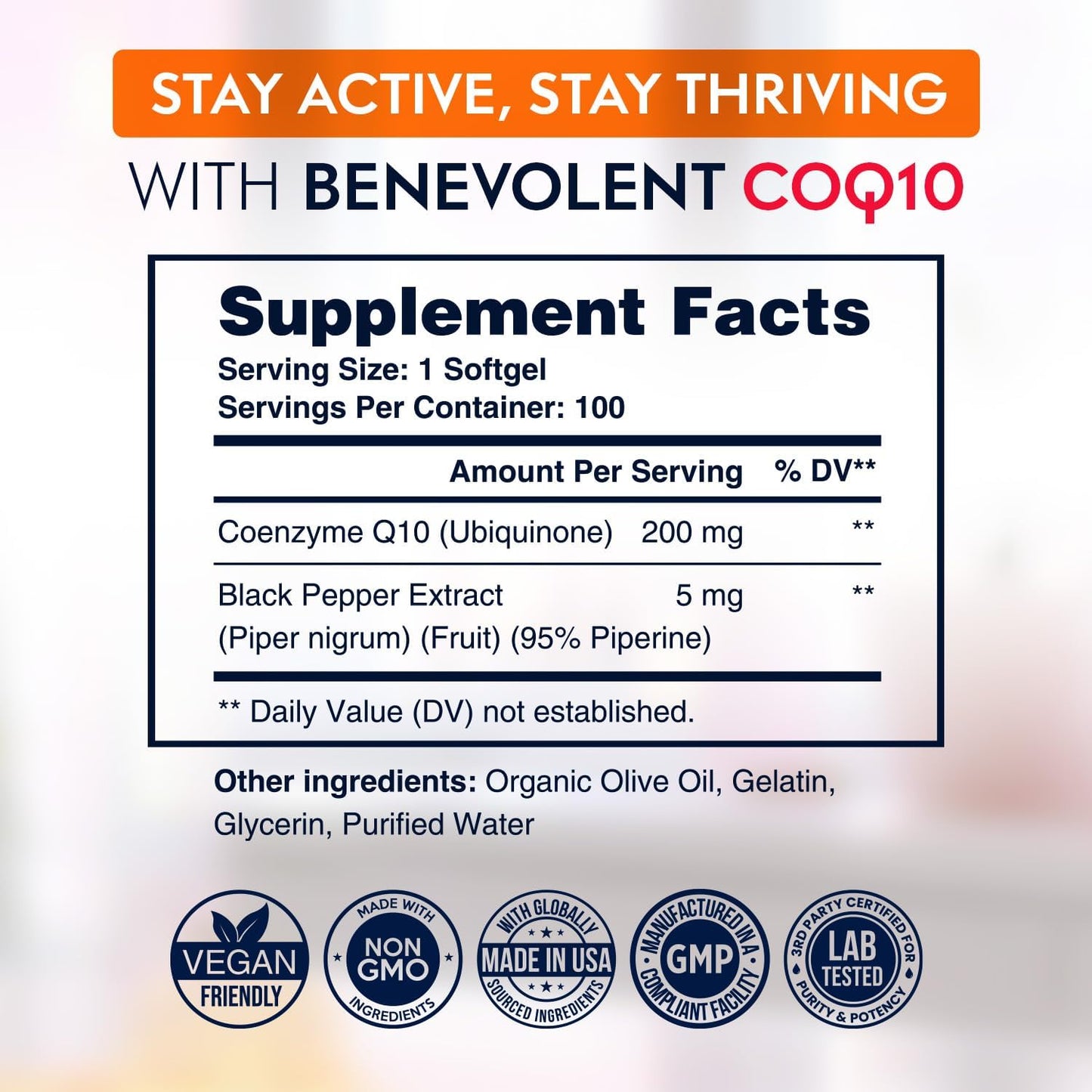 Premium CoQ10 200mg Softgels for Heart Health & Energy - Antioxidant Formula with Enhanced Absorption - Non-GMO - 100 Count