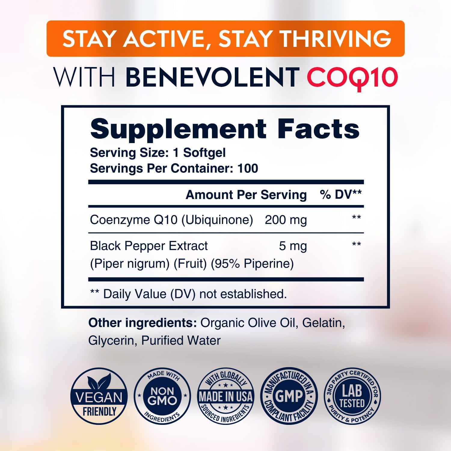 Premium CoQ10 200mg Softgels for Heart Health & Energy - Antioxidant Formula with Enhanced Absorption - Non-GMO - 100 Count