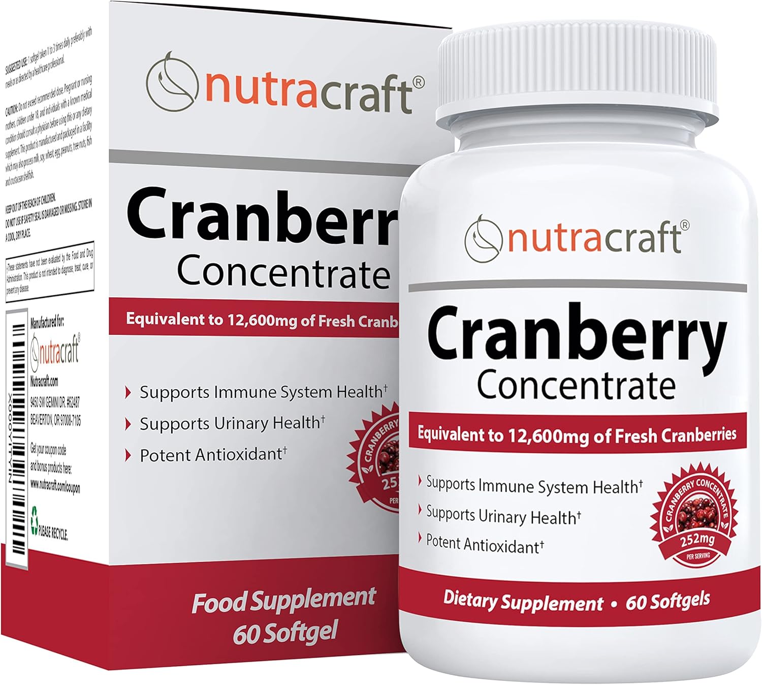Premium Cranberry Extract Supplement for Bladder & Urinary Tract Support | 12,600 mg Fresh Cranberries, Vitamin C & E | Lab Tested, Easy to Swallow | 60 Softgels