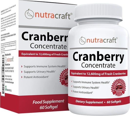 Premium Cranberry Extract Supplement for Bladder & Urinary Tract Support | 12,600 mg Fresh Cranberries, Vitamin C & E | Lab Tested, Easy to Swallow | 60 Softgels