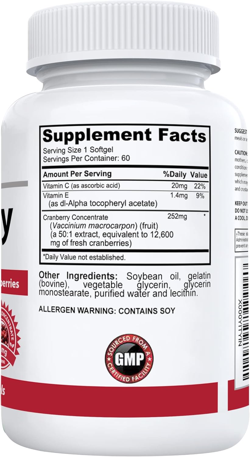 Premium Cranberry Extract Supplement for Bladder & Urinary Tract Support | 12,600 mg Fresh Cranberries, Vitamin C & E | Lab Tested, Easy to Swallow | 60 Softgels