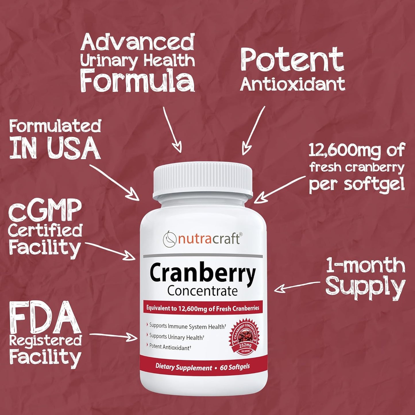 Premium Cranberry Extract Supplement for Bladder & Urinary Tract Support | 12,600 mg Fresh Cranberries, Vitamin C & E | Lab Tested, Easy to Swallow | 60 Softgels