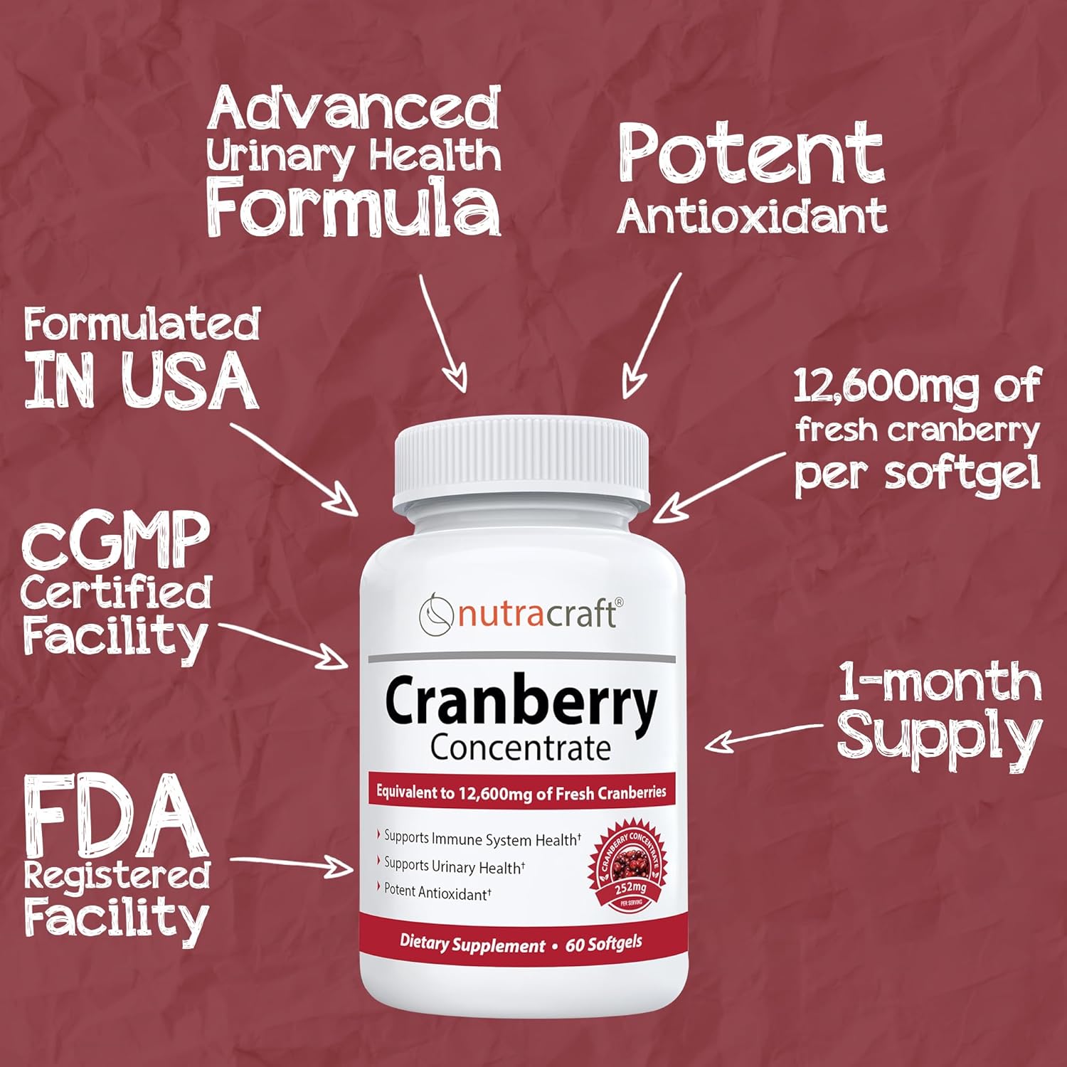 Premium Cranberry Extract Supplement for Bladder & Urinary Tract Support | 12,600 mg Fresh Cranberries, Vitamin C & E | Lab Tested, Easy to Swallow | 60 Softgels