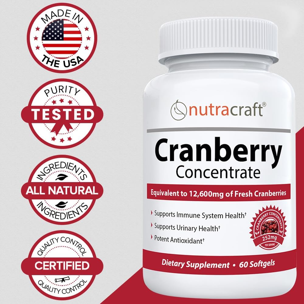 Premium Cranberry Extract Supplement for Bladder & Urinary Tract Support | 12,600 mg Fresh Cranberries, Vitamin C & E | Lab Tested, Easy to Swallow | 60 Softgels