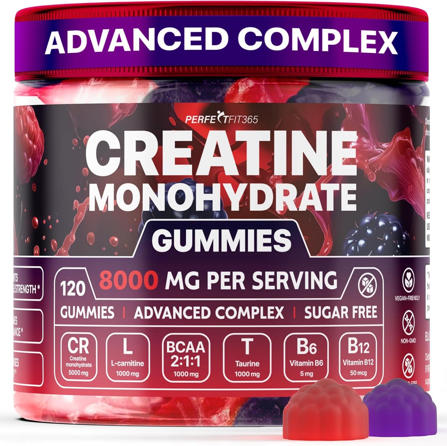 Premium Creatine Gummies with L-Carnitine & Taurine - Raspberry Blackberry Flavor - 120 Count - Ideal Pre Workout Supplement for Men and Women