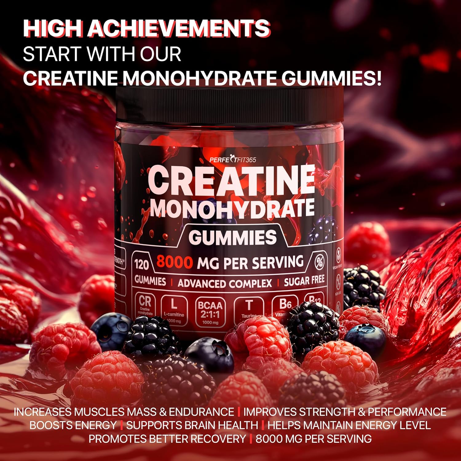 Premium Creatine Gummies with L-Carnitine & Taurine - Raspberry Blackberry Flavor - 120 Count - Ideal Pre Workout Supplement for Men and Women