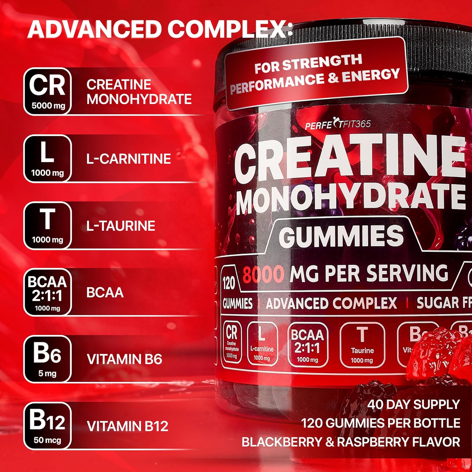 Premium Creatine Gummies with L-Carnitine & Taurine - Raspberry Blackberry Flavor - 120 Count - Ideal Pre Workout Supplement for Men and Women