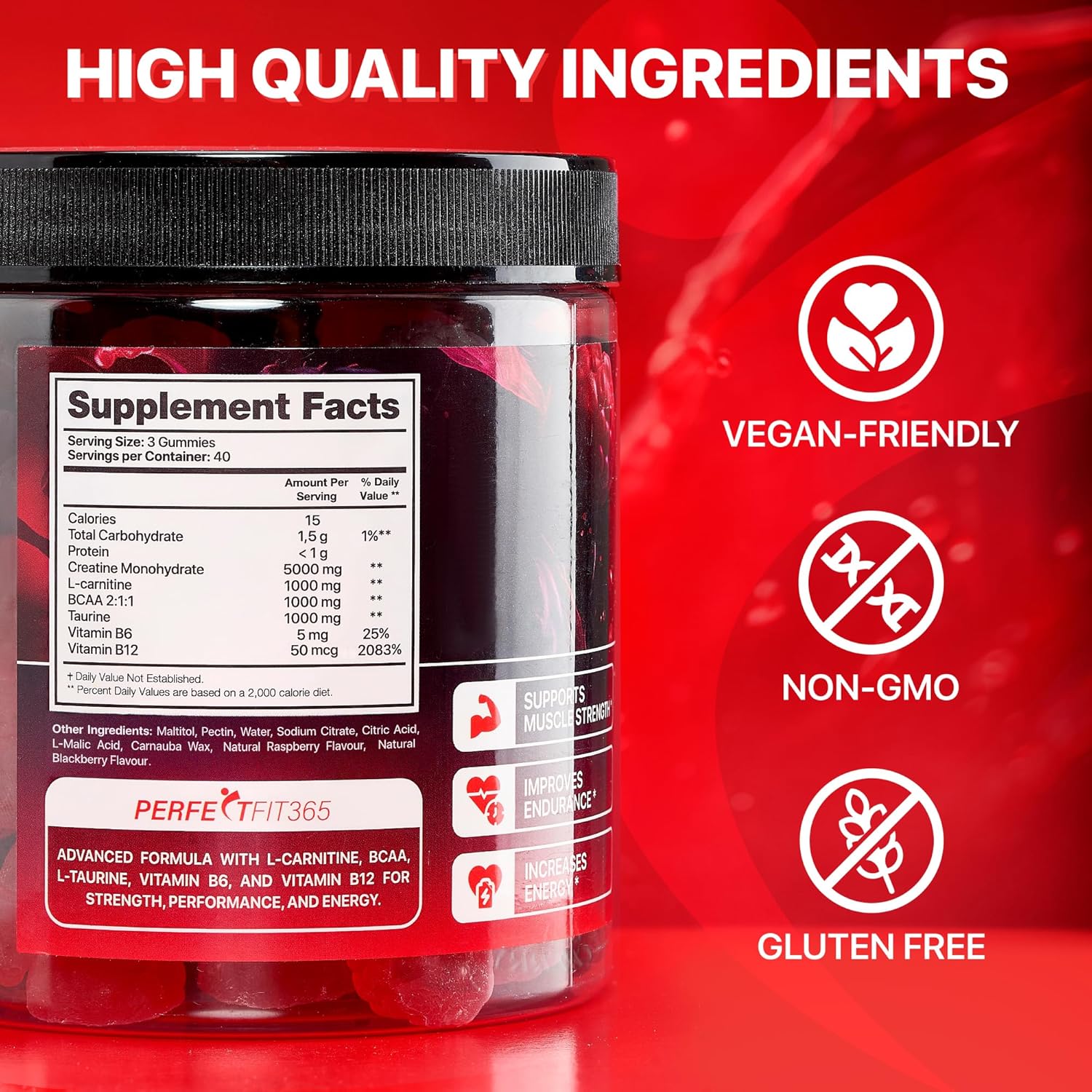 Premium Creatine Gummies with L-Carnitine & Taurine - Raspberry Blackberry Flavor - 120 Count - Ideal Pre Workout Supplement for Men and Women