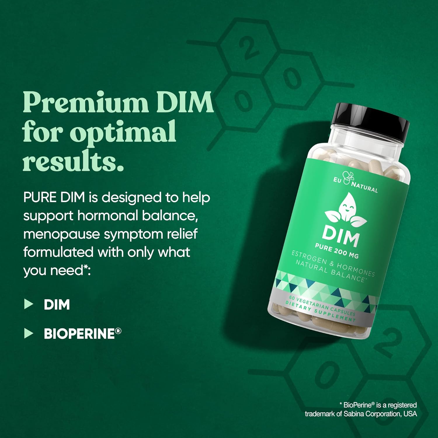 Premium DIM Supplement 200mg for Hormone Balance in Women & Men - Supports Energy, Stress & Menopause - Enhanced with BioPerine - 60 Vegan Capsules