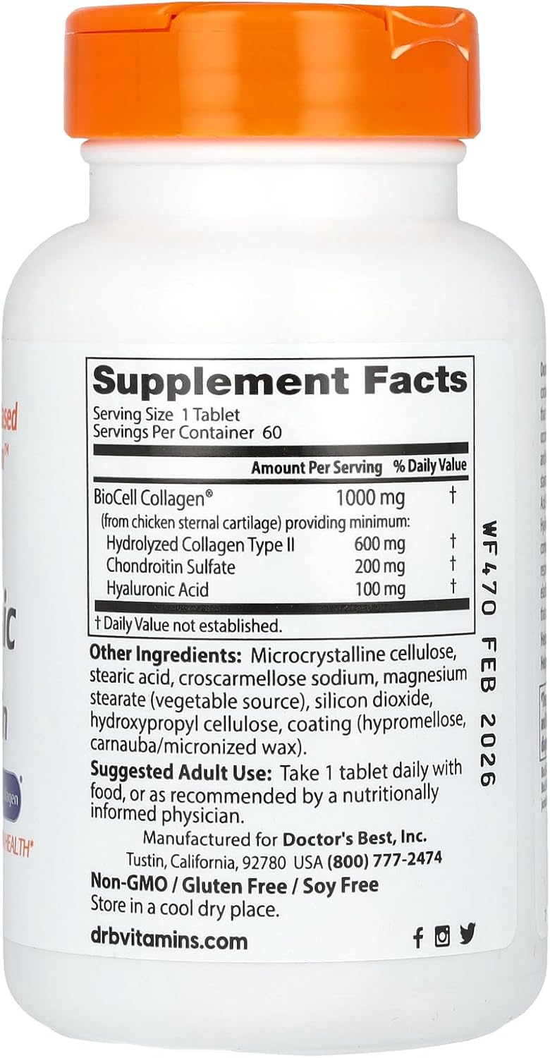 Premium Doctor's Best Hyaluronic Acid with Chondroitin Sulfate and BioCell Collagen for Joint Support - Non-GMO and Gluten Free