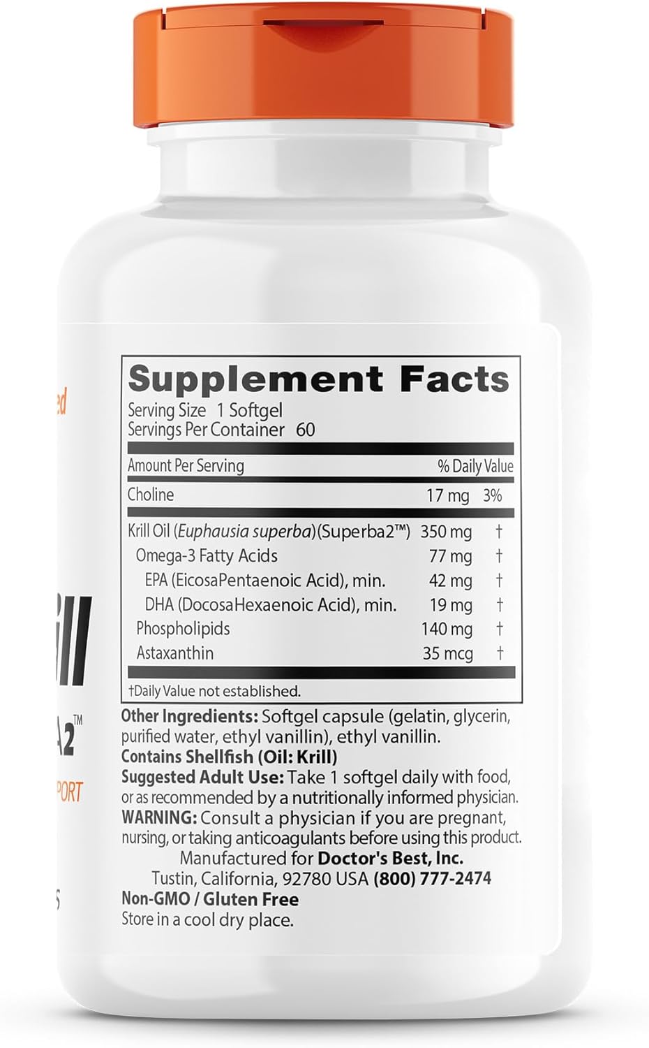 Premium Doctor's Best Real Krill Oil Supplements - 350mg, 60 Softgels