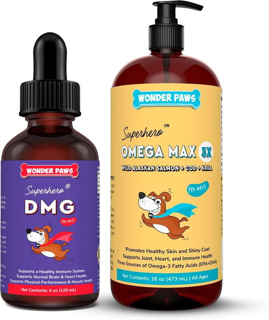Premium Dog Immune Support Liquid with DMG & Omega Max Fish Oil for Skin, Allergies, Joints - 4oz DMG, 16oz Omega Max