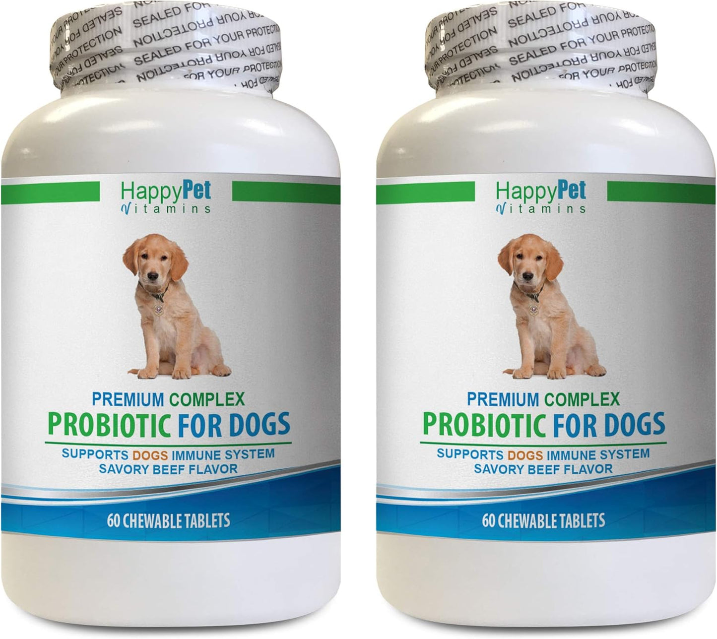 Premium Dog Probiotic Treats for Bad Breath & Digestive Health - Savory Beef Flavor - Stops Diarrhea & Gas - 2 Bottles (120 Treats)