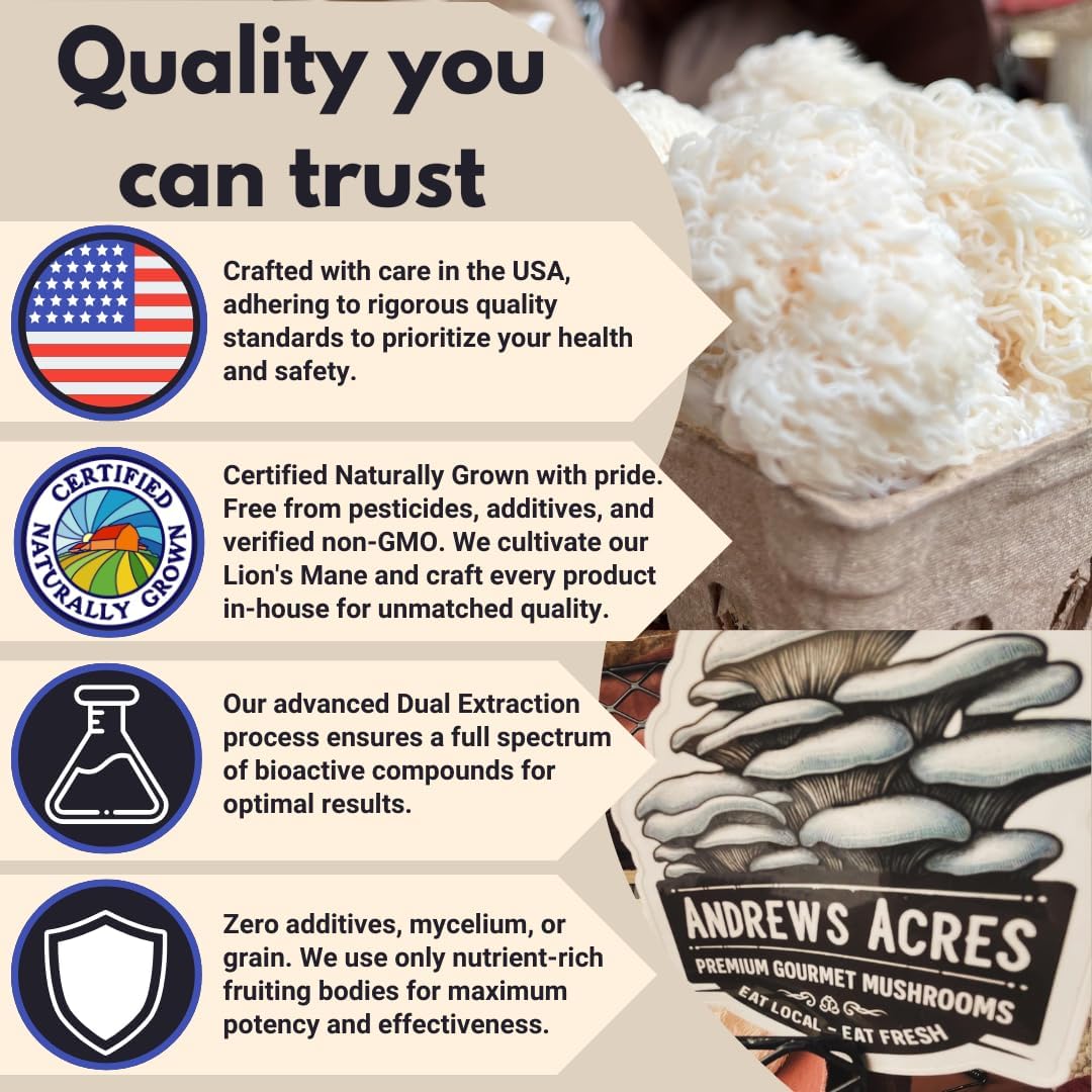 Premium Dual Extract Lion's Mane Tincture - 100% Fruiting Bodies (2 oz) - Andrews Acres