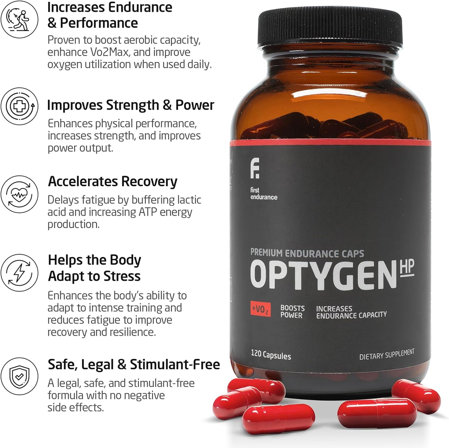 Premium Endurance Supplement - Boost Power, Increase Performance, Improve Oxygen Utilization | 120 Capsules | FIRST ENDURANCE OptygenHP