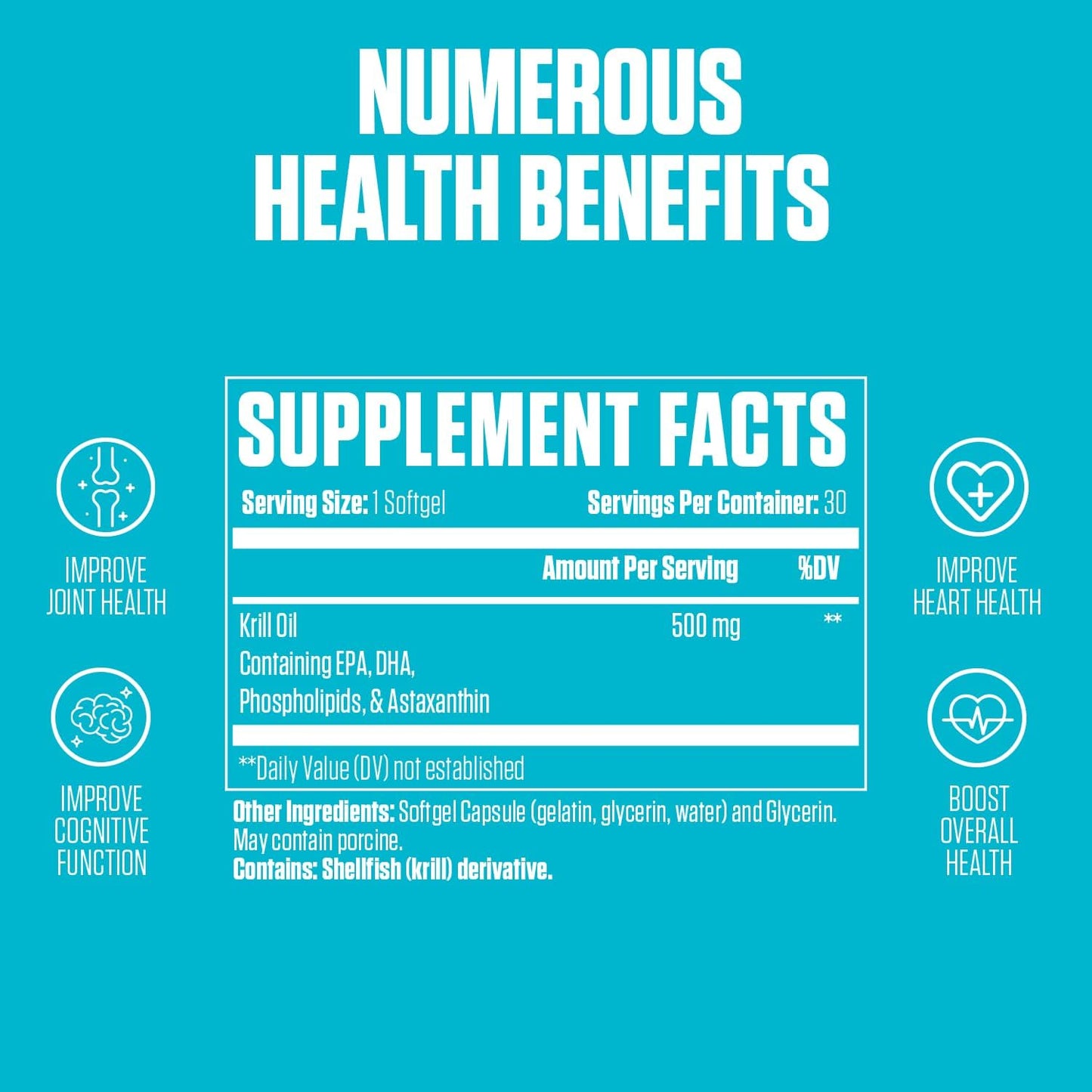 Premium EPN Krill Oil Softgels with Phospholipids, EPA, DHA, Astaxanthin - Brain, Joint, Heart Health - Sustainable Source - 30 Softgels