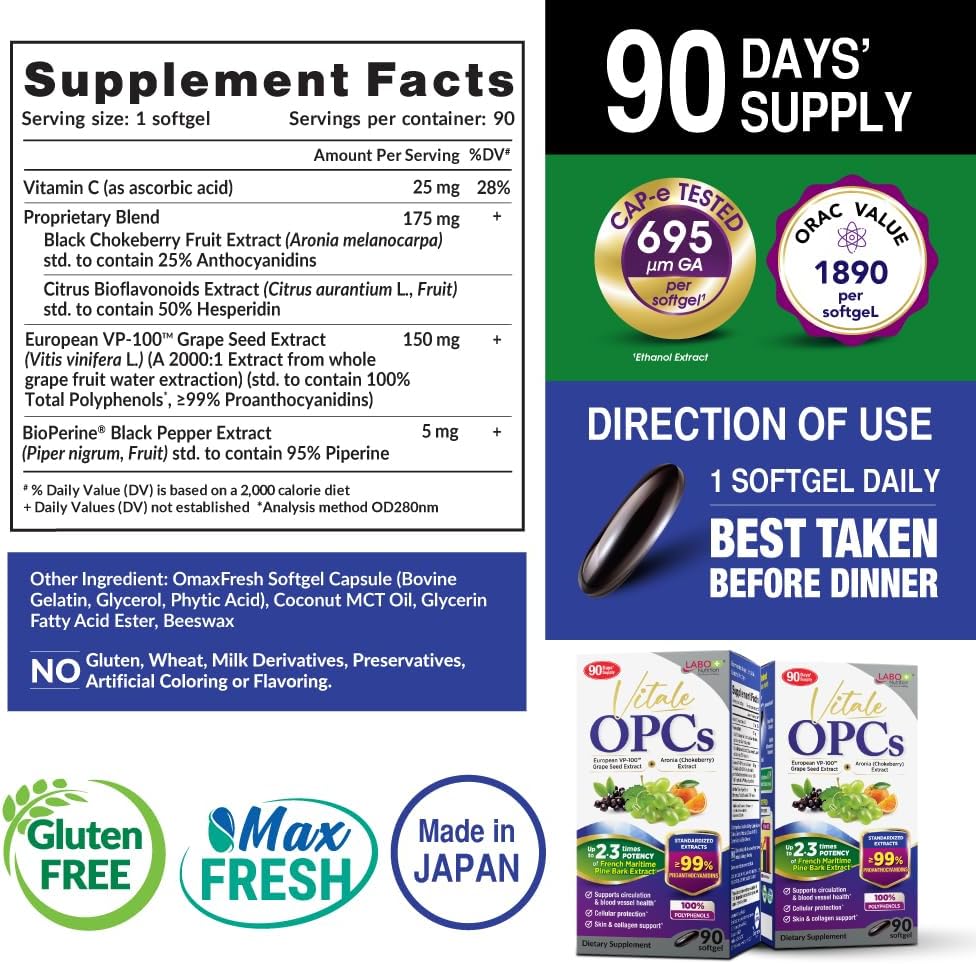 Premium European Grape Seed Extract with Aronia & Citrus Bioflavonoids | Supports Circulation, Skin Health & Cellular Protection | 90 Softgels by LABO Nutrition