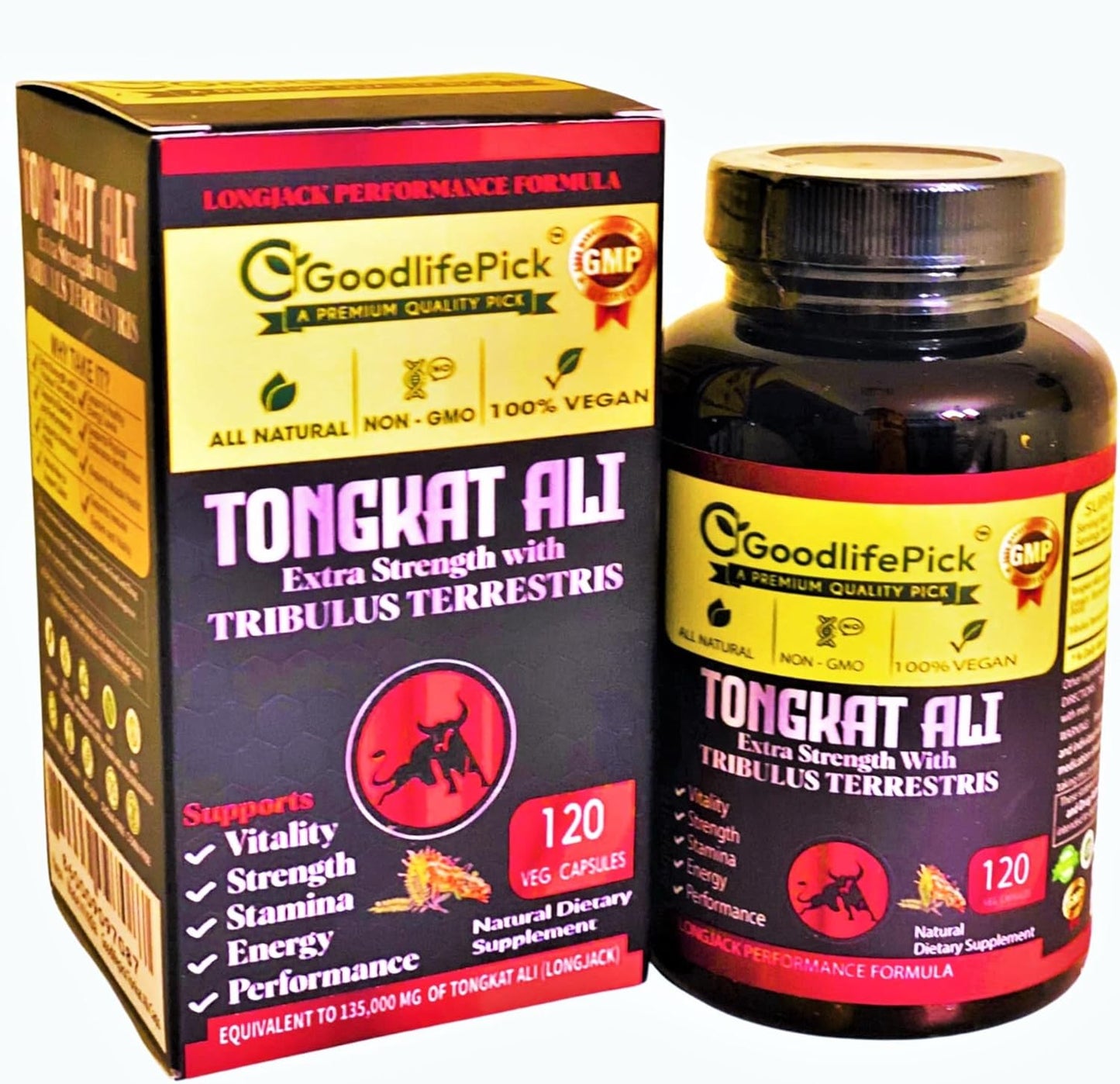 Premium Extra Strength Tongkat Ali with Tribulus Terrestris - 100:1 Longjack Extract in 120 Vegan Capsules for Men - All Natural, Non-GMO