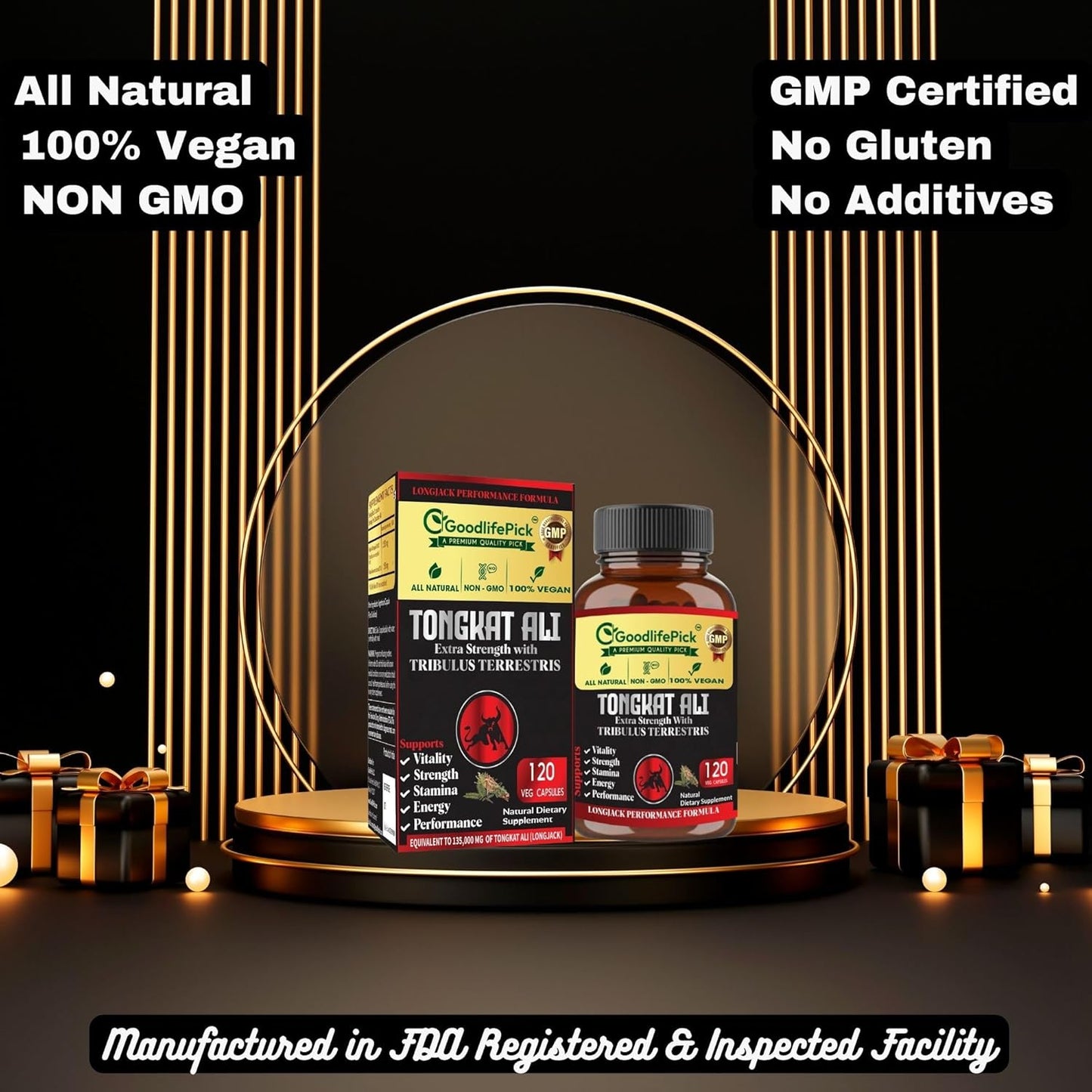 Premium Extra Strength Tongkat Ali with Tribulus Terrestris - 100:1 Longjack Extract in 120 Vegan Capsules for Men - All Natural, Non-GMO