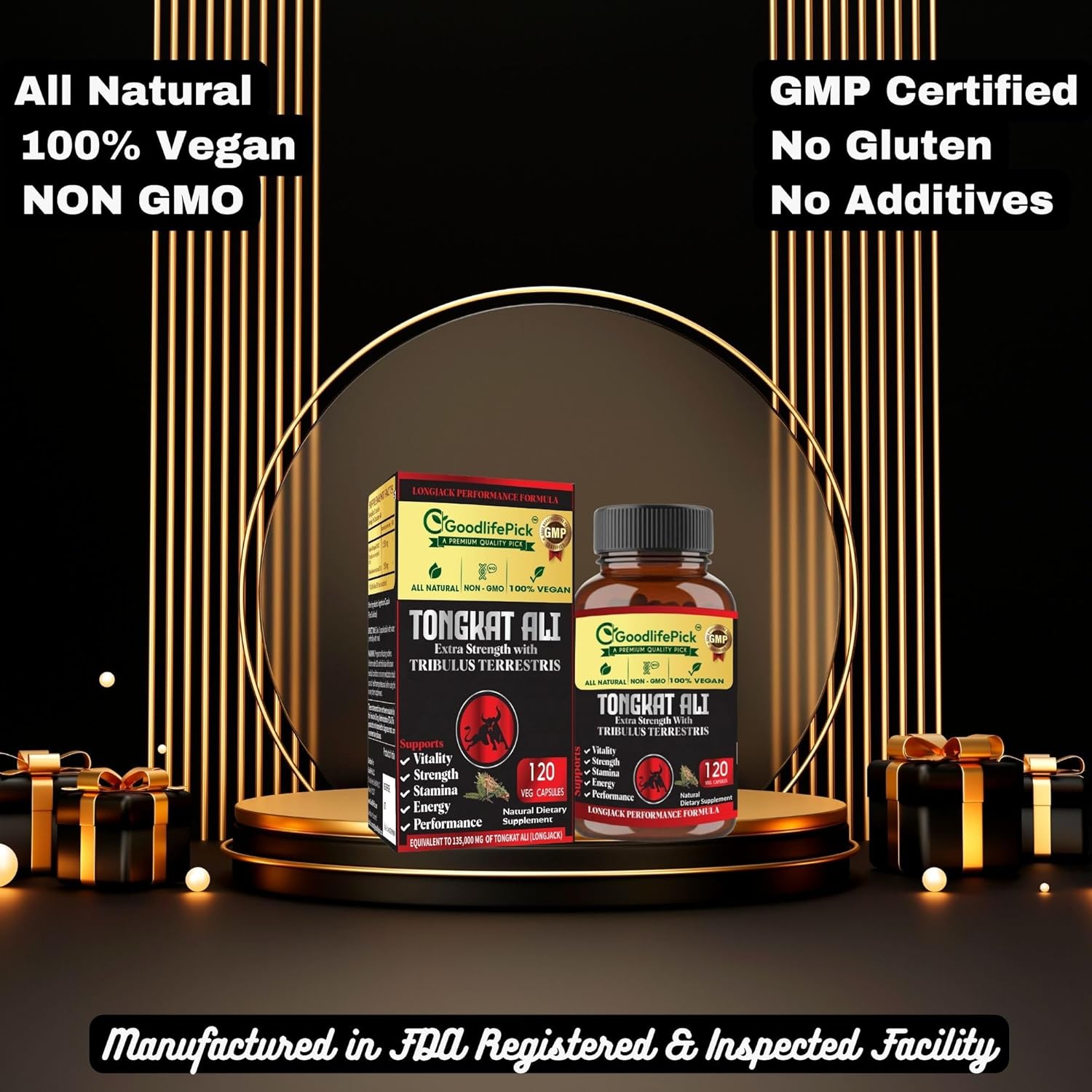 Premium Extra Strength Tongkat Ali with Tribulus Terrestris - 100:1 Longjack Extract in 120 Vegan Capsules for Men - All Natural, Non-GMO