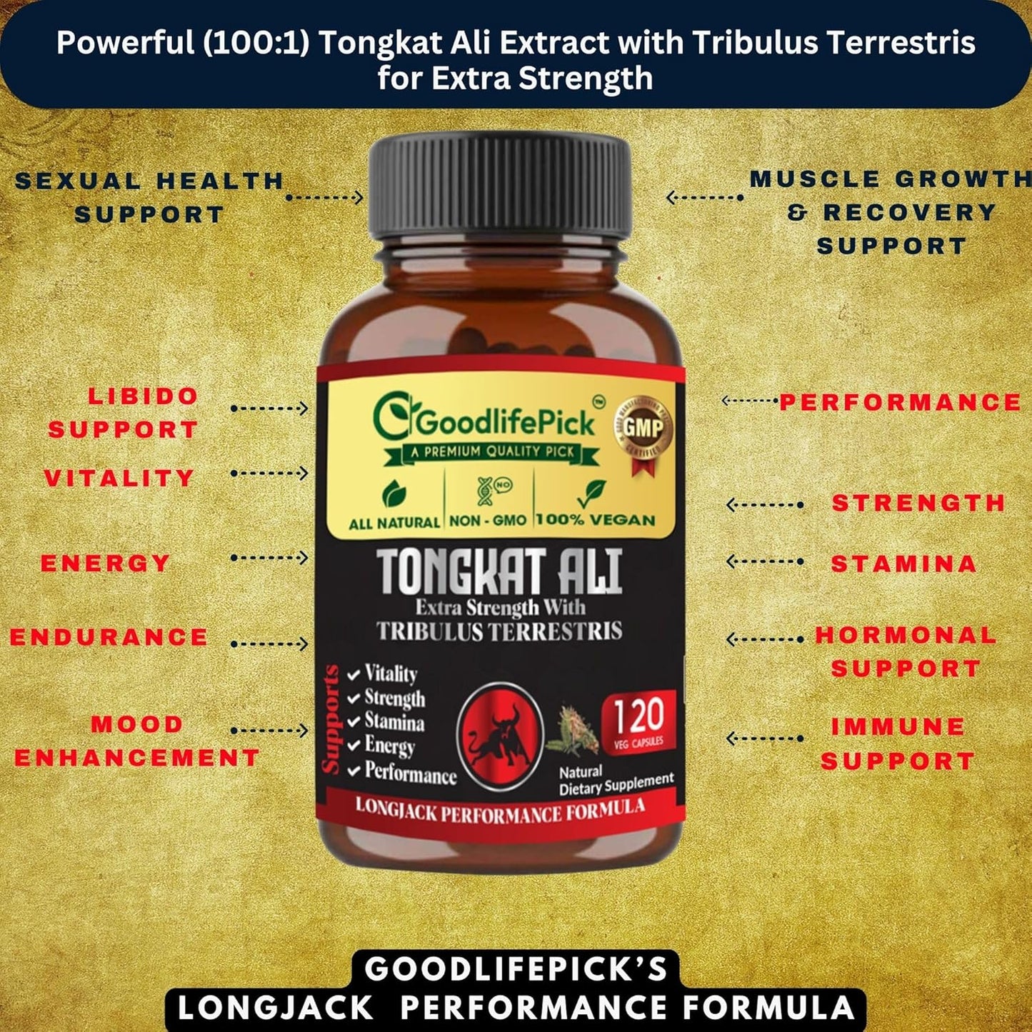 Premium Extra Strength Tongkat Ali with Tribulus Terrestris - 100:1 Longjack Extract in 120 Vegan Capsules for Men - All Natural, Non-GMO