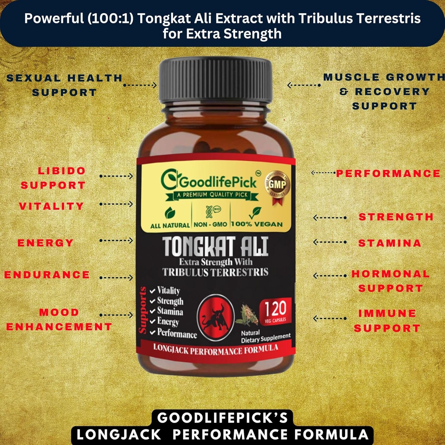 Premium Extra Strength Tongkat Ali with Tribulus Terrestris - 100:1 Longjack Extract in 120 Vegan Capsules for Men - All Natural, Non-GMO