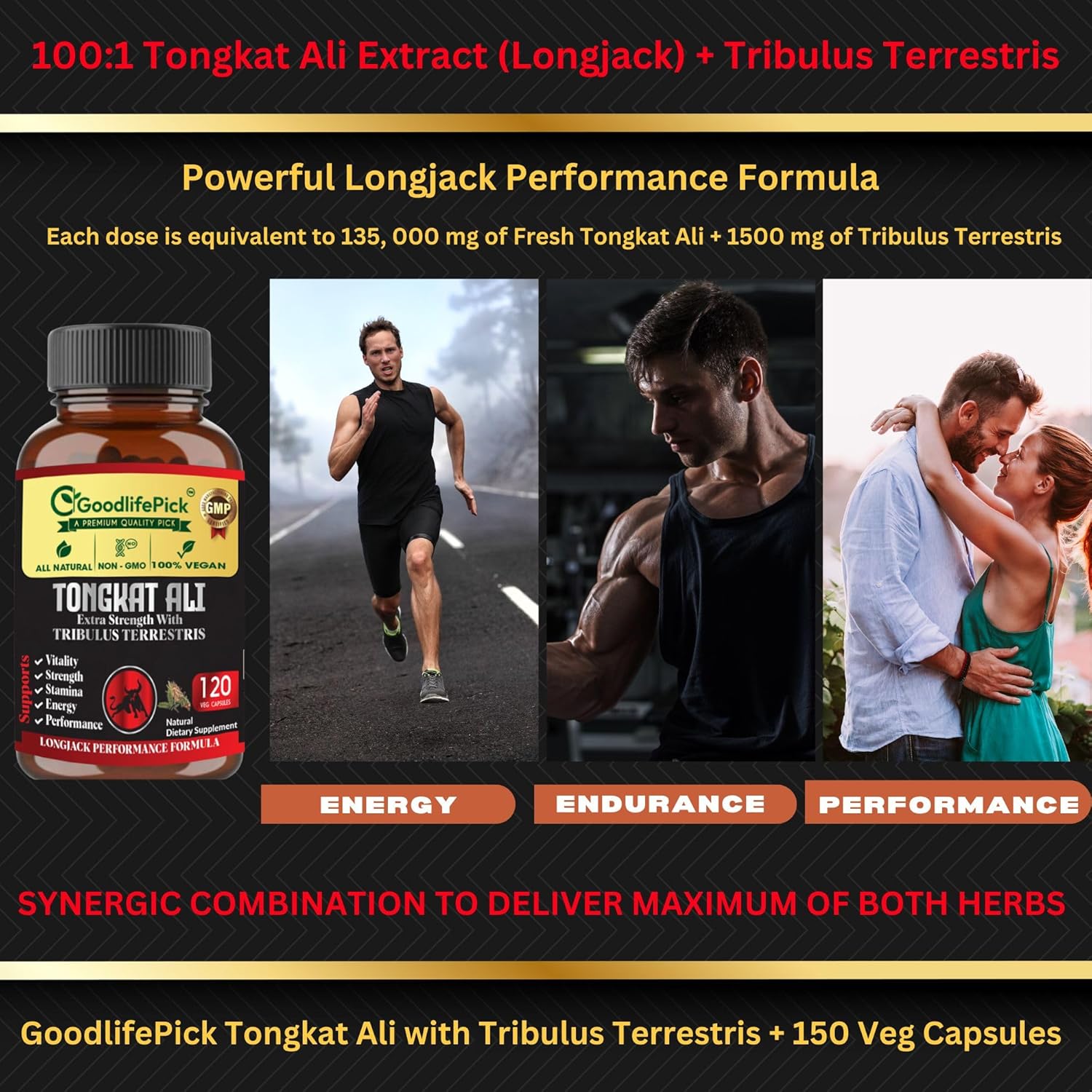 Premium Extra Strength Tongkat Ali with Tribulus Terrestris - 100:1 Longjack Extract in 120 Vegan Capsules for Men - All Natural, Non-GMO